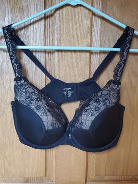 Curvy Couture Black Lace Underwire Bra with Sheer Floral Panels